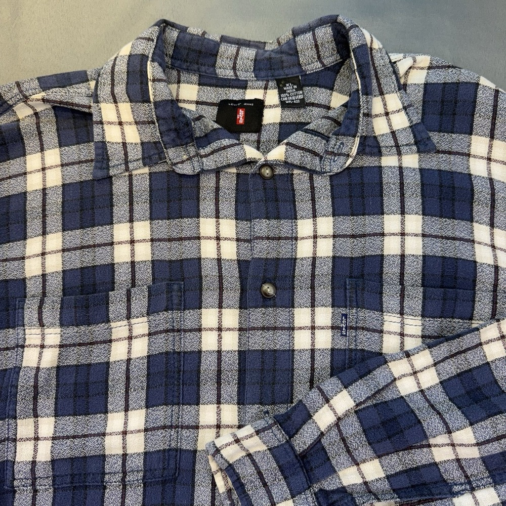 Levi Strauss Vintage Blue Plaid Long Sleeve Button Up Cotton Shirt Sz Men's XL